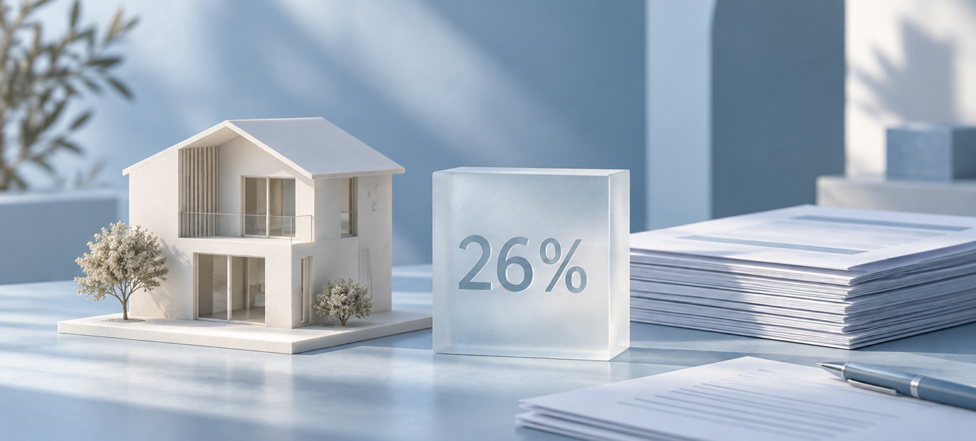 Modello di casa e blocco con la scritta 26% accanto a documenti, in tonalità blu tenue