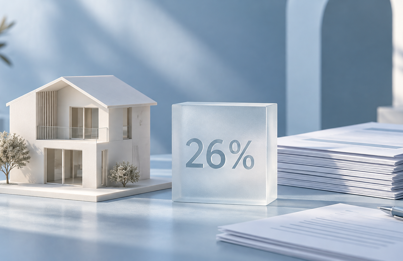 Modello di casa e blocco con la scritta 26% accanto a documenti, in tonalità blu tenue