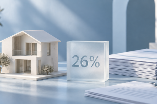 Modello di casa e blocco con la scritta 26% accanto a documenti, in tonalità blu tenue