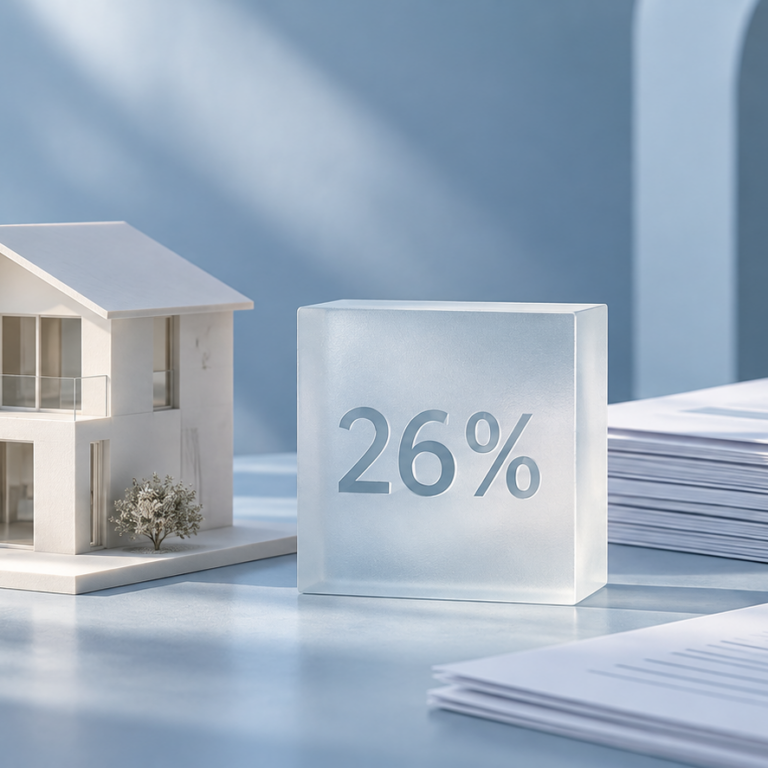 Modello di casa e blocco con la scritta 26% accanto a documenti, in tonalità blu tenue