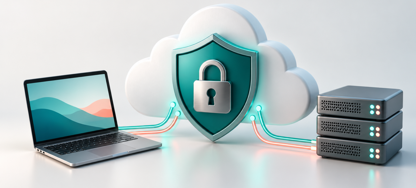 Nuvola cloud protetta da uno scudo con lucchetto, collegata a un computer e a server.
