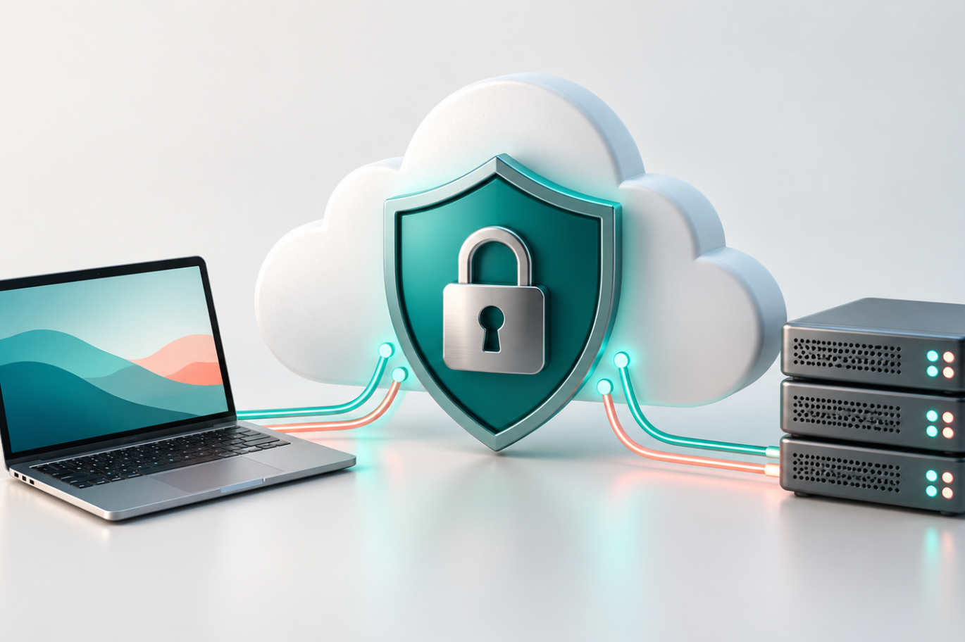 Nuvola cloud protetta da uno scudo con lucchetto, collegata a un computer e a server.
