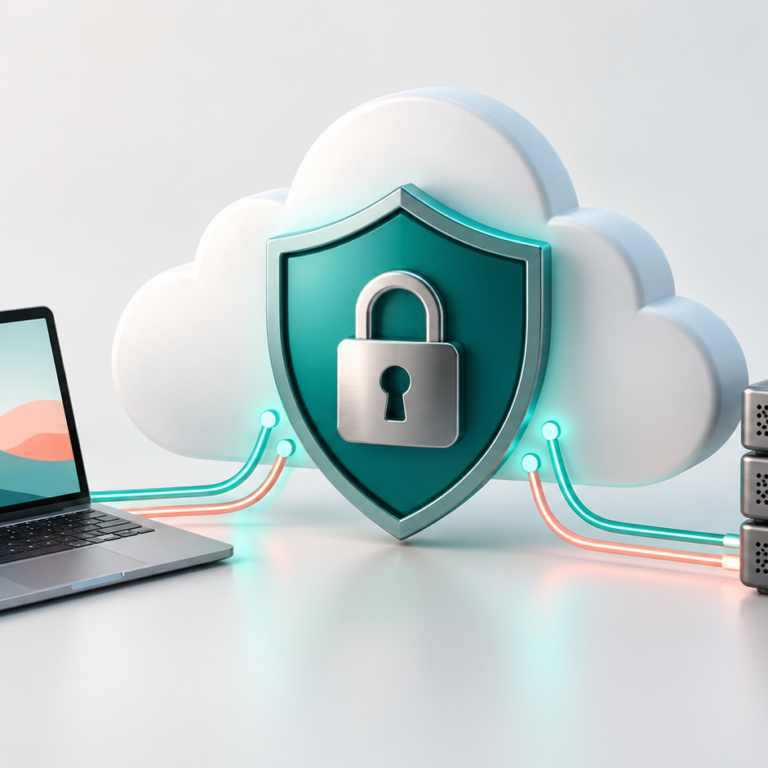 Nuvola cloud protetta da uno scudo con lucchetto, collegata a un computer e a server.